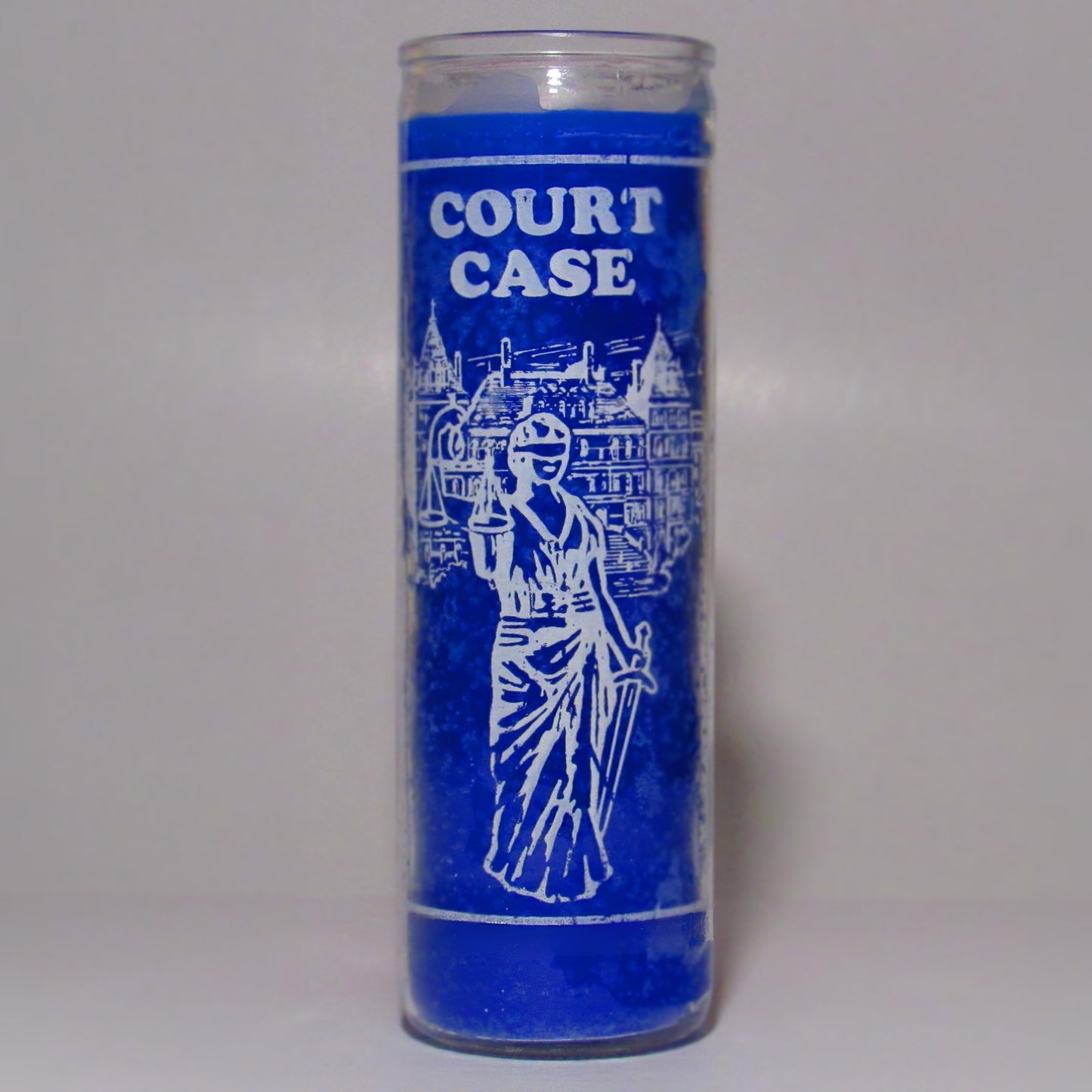 Blue candle with 'Court Case' text and statue of justice design