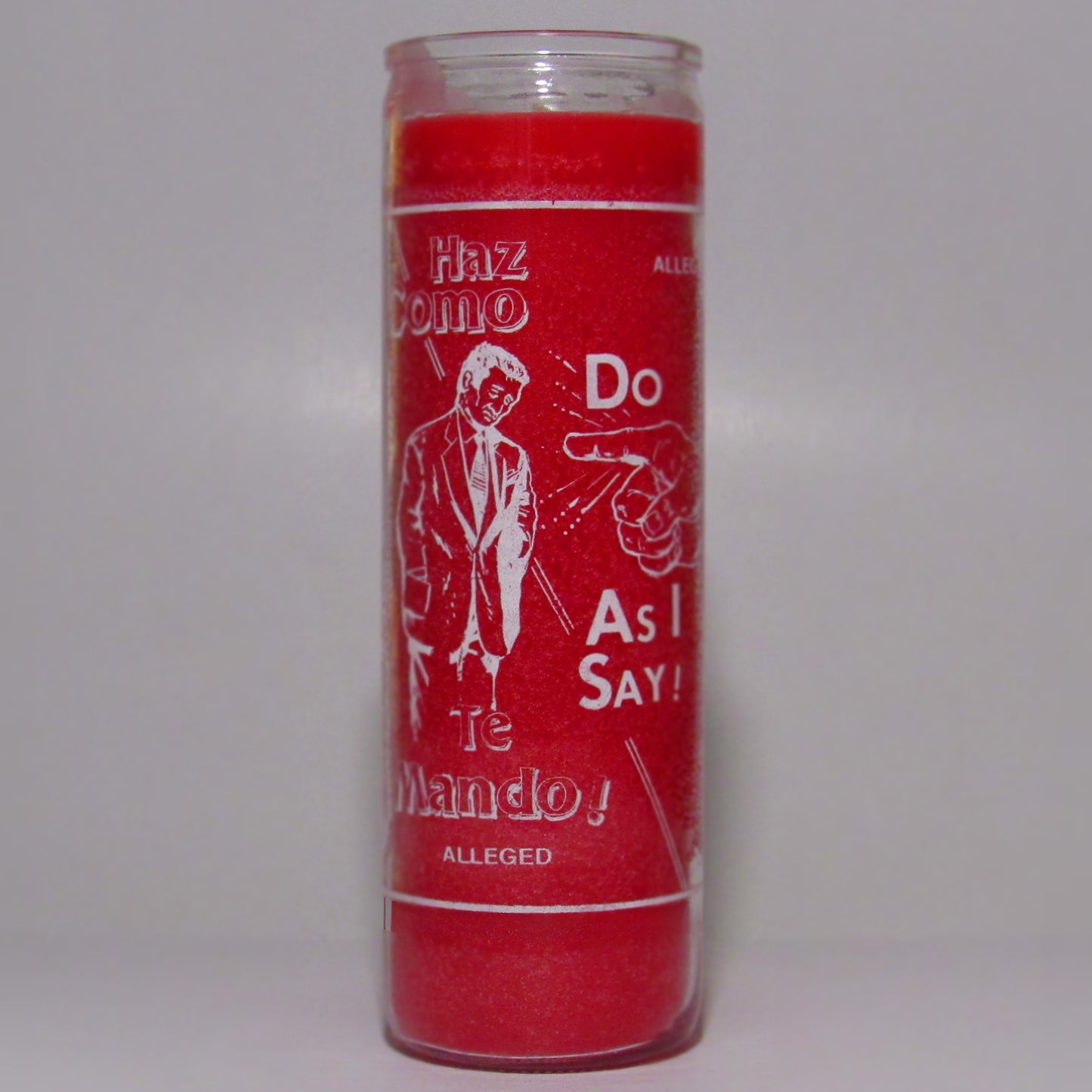 Red candle with white text and graphics