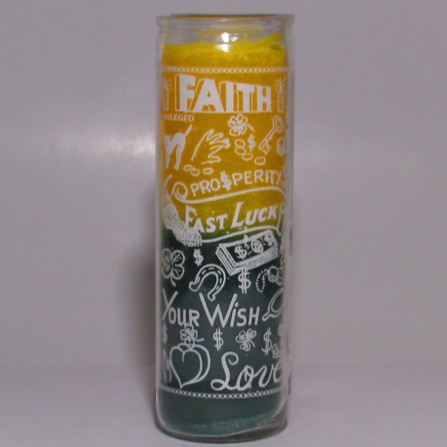 Decorative candle with text and symbols