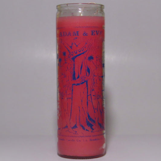 Pink candle with 'Adam & Eve' illustration