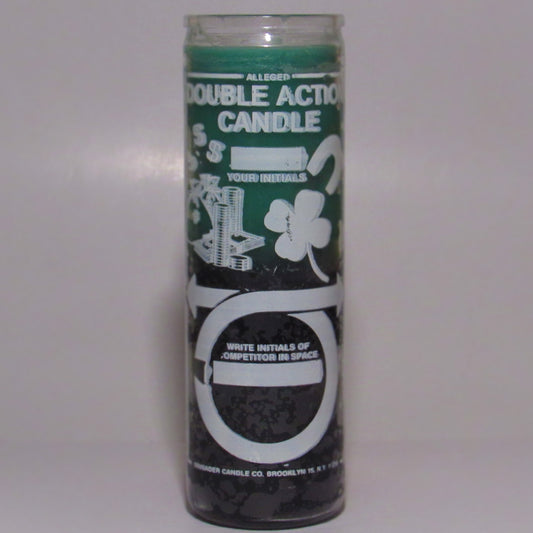 Green and white candle with text and graphics