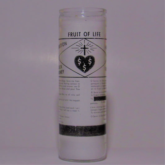 Glass container labeled 'Fruit of Life' with text and symbols 