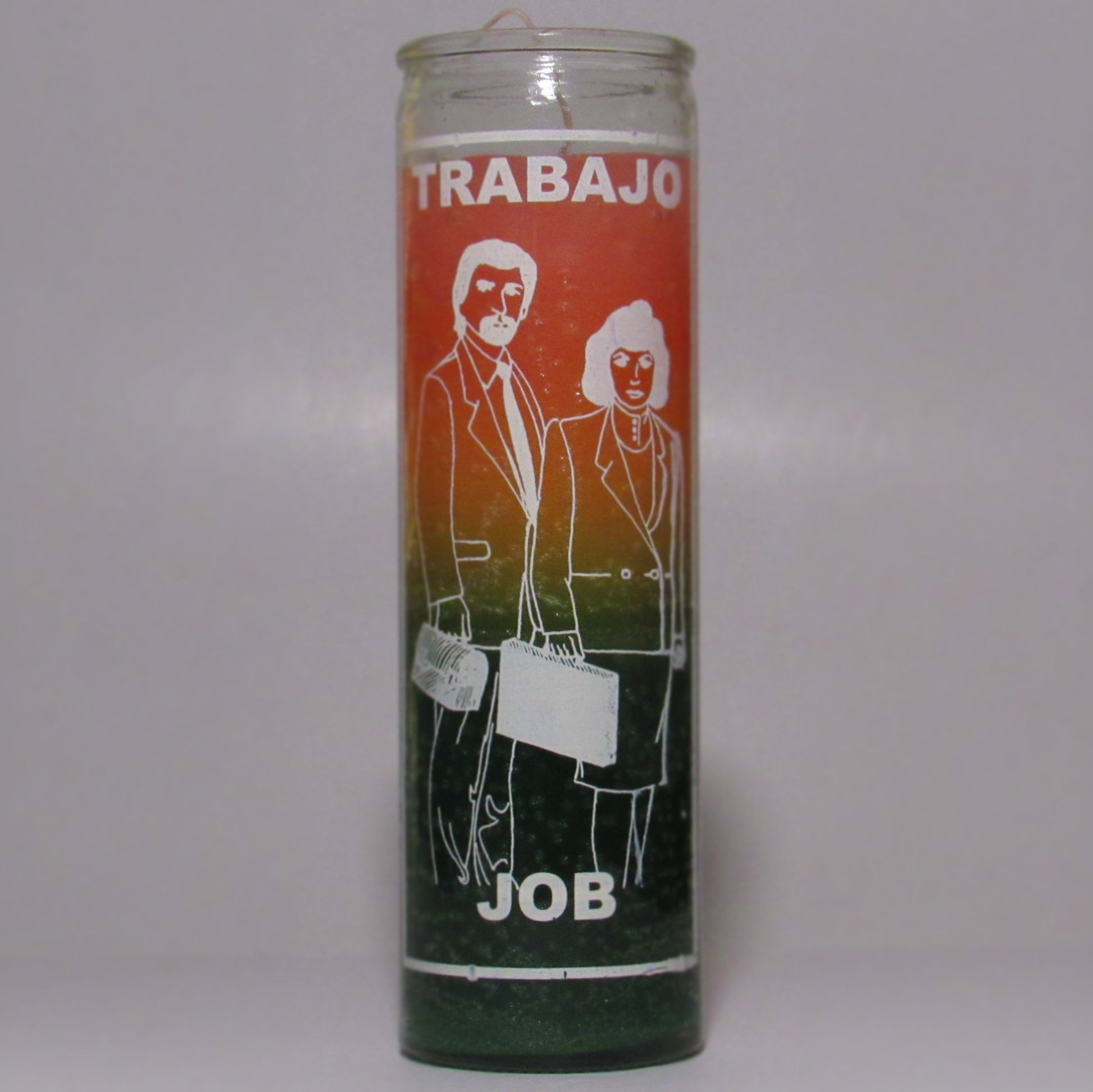 Candle with illustrations of a man and woman holding briefcases, labeled 'Trabajo' and 'Job'.