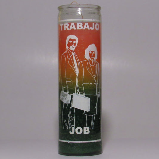 Candle with illustrations of a man and woman holding briefcases, labeled 'Trabajo' and 'Job'.