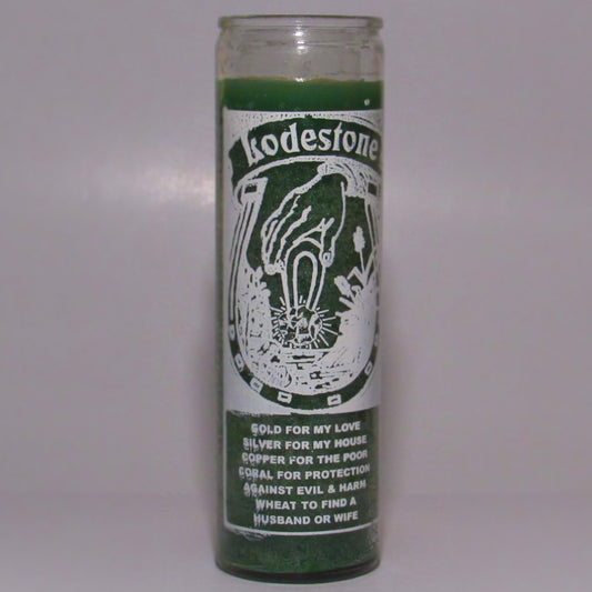 Green candle with text and imagery 