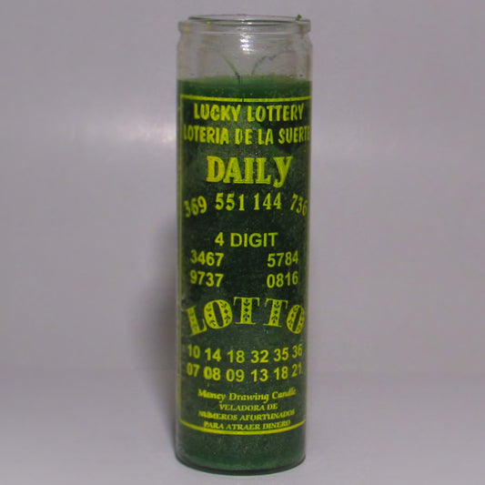 Green candle with yellow text on a white background