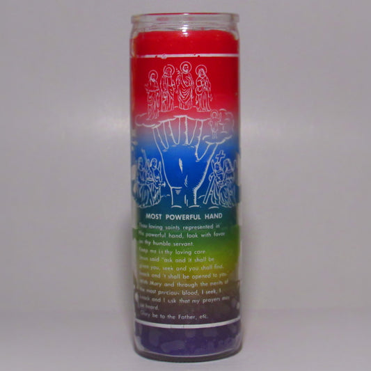 Candle with religious design and text 