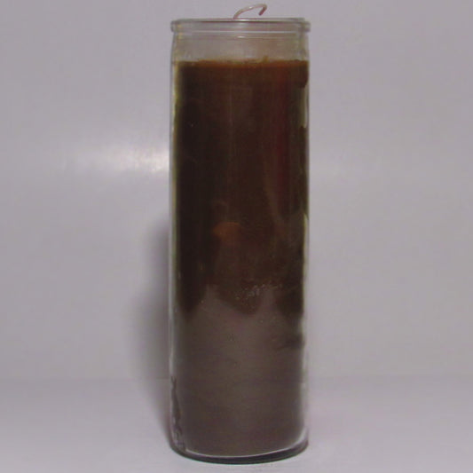 Tall glass candle with a dark brown wax 