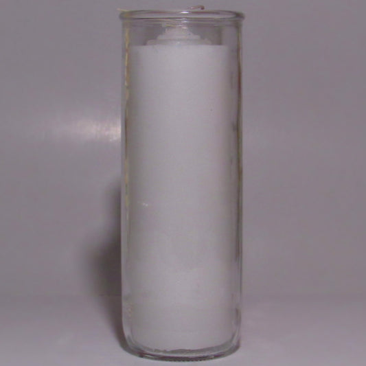 Clear glass candle holder with a white candle 