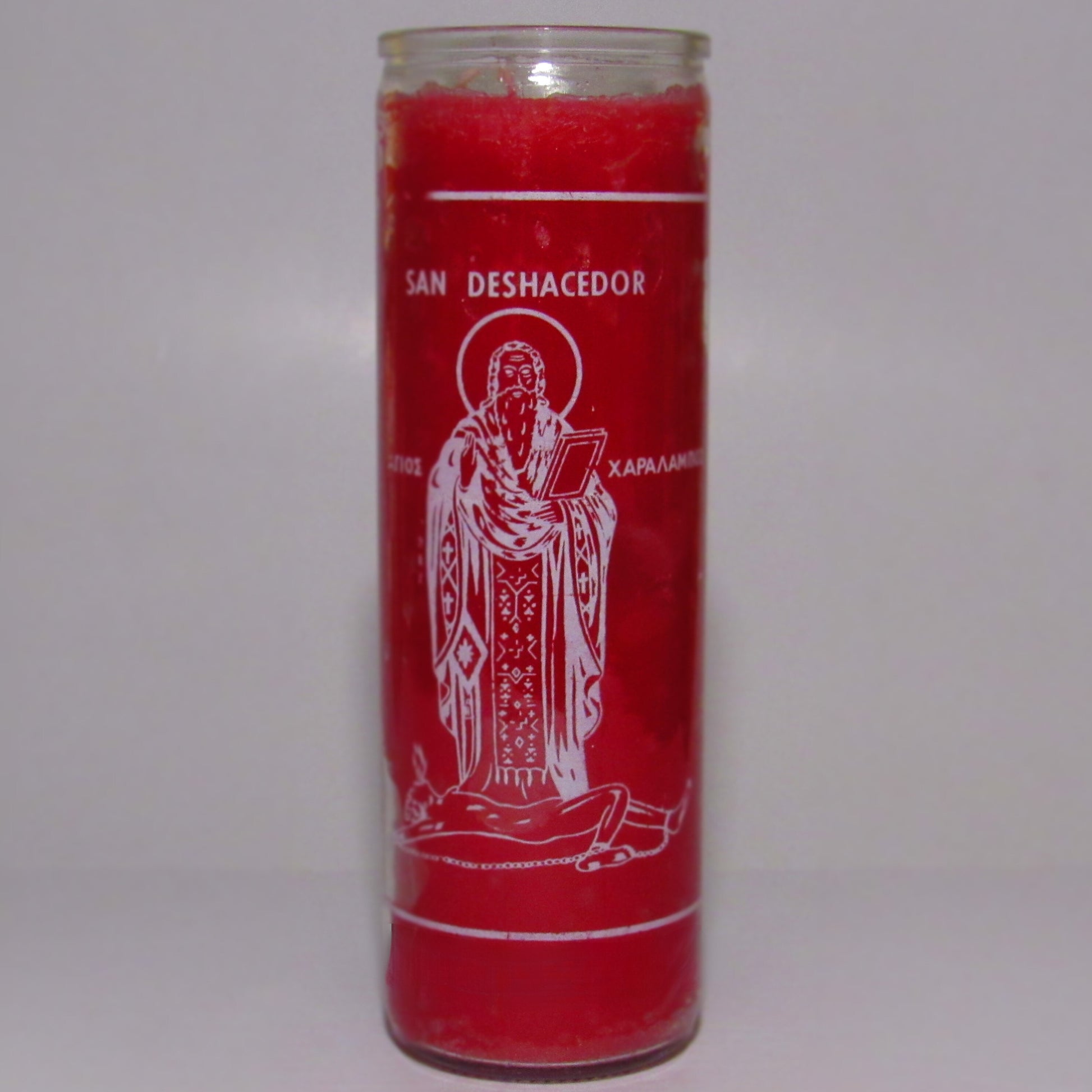 Red candle with white icon and text 