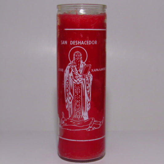 Red candle with white icon and text 