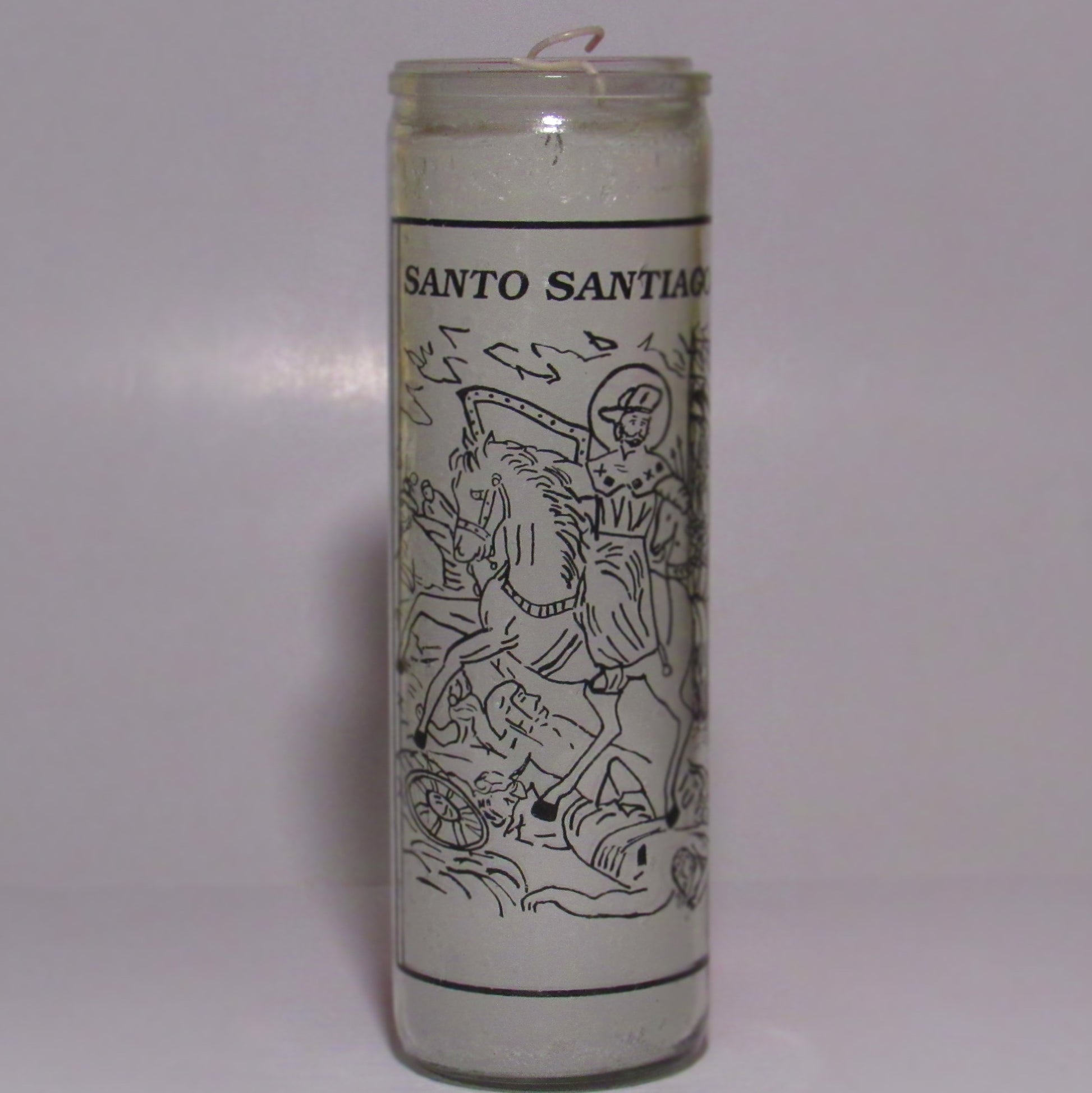 Candle with 'Santo Santiago' illustration 