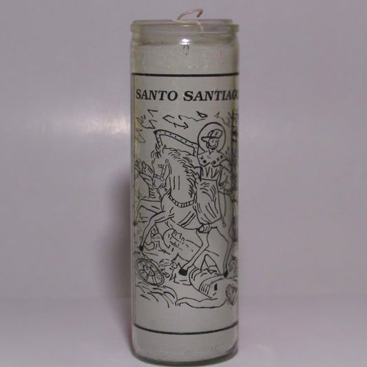 Candle with 'Santo Santiago' illustration 