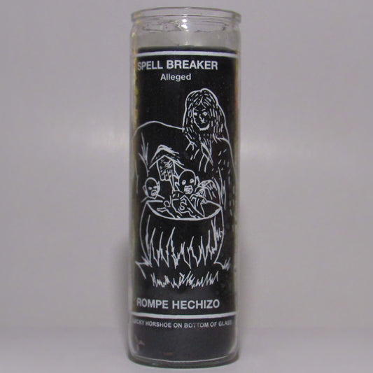Candle labeled 'Spell Breaker' with black and white design