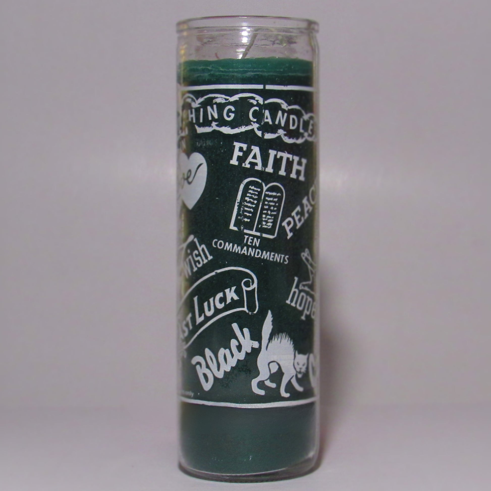 Green candle with white text and graphics